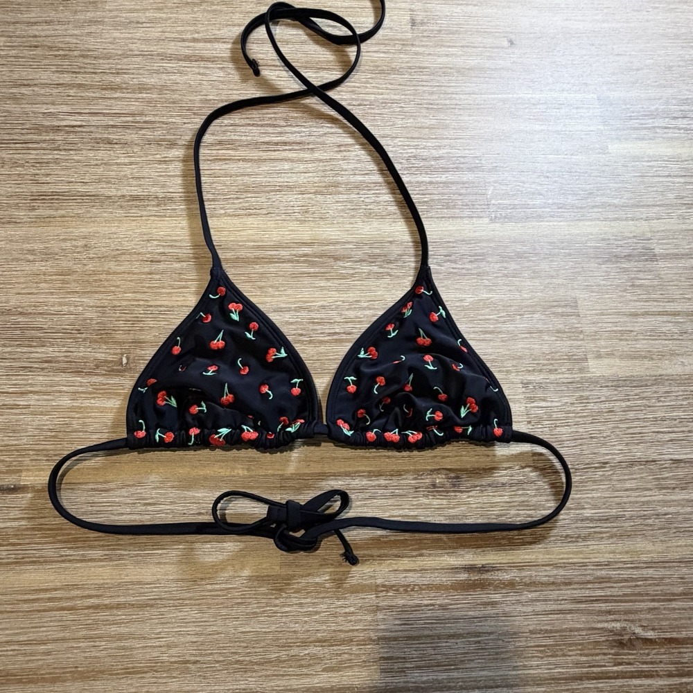⁠Wild Fable Black Embroidered Cherry Triangle Bikini Top Size Medium